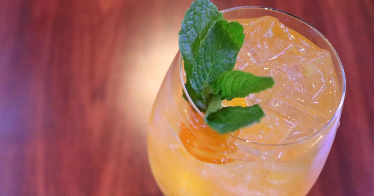 Close-up shot of an orange cocktail with mint garnish